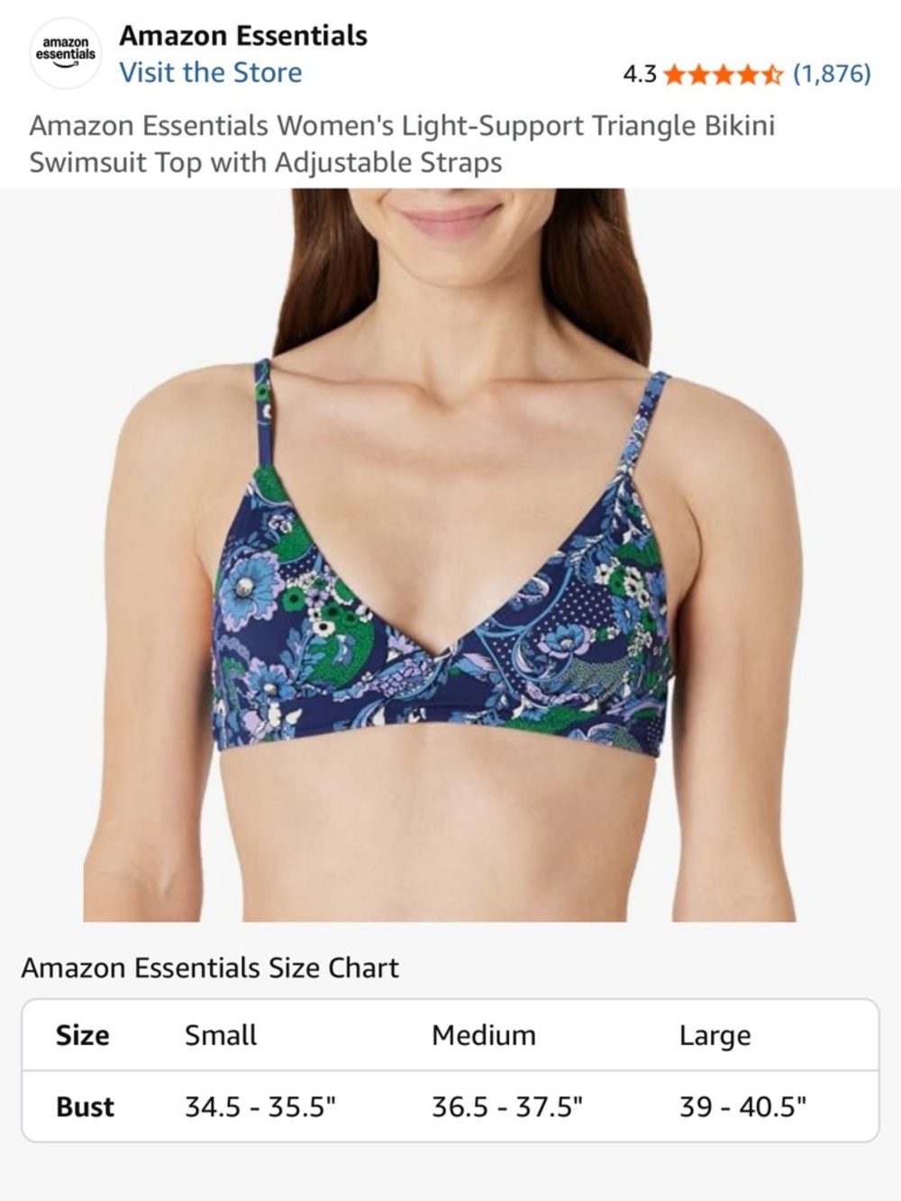 Amazon Essentials : Blue Paisley Triangle Bikini Top (Size Medium)  NWT